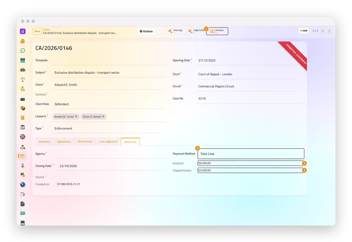 A case in jaah law with its invoices, its payment method, and the invoiced and unpaid amounts