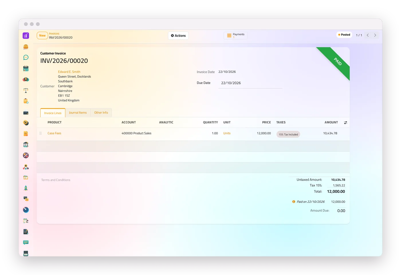 A customer invoice in jaah created from a case, with its lines, taxes, total and amount due