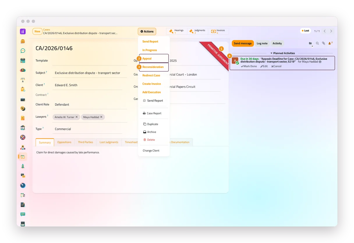 A case lost at first instance in the Cases app of jaah law, with the Appeal and Reconsideration buttons and its deadline to-do