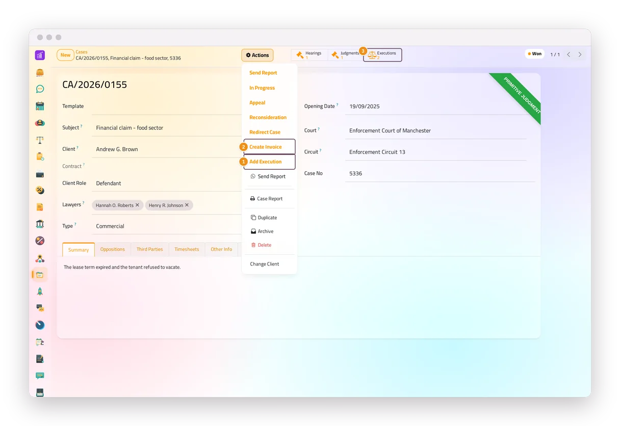 A decided case in the Cases app of jaah law, with the Add Execution and Create Invoice buttons
