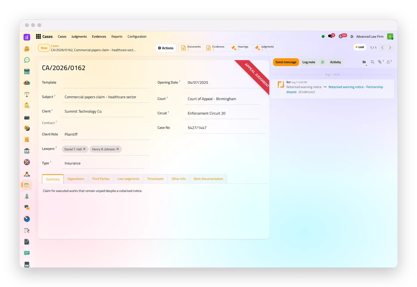 A case file in jaah law: client, court, lawyers, hearings, judgments and invoices