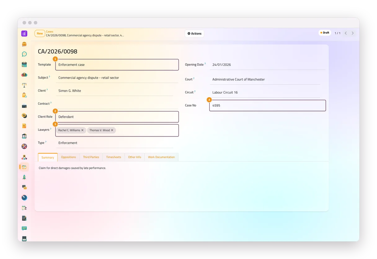 A draft case in the Cases app of jaah law, with its template, client role, lawyers and court case number