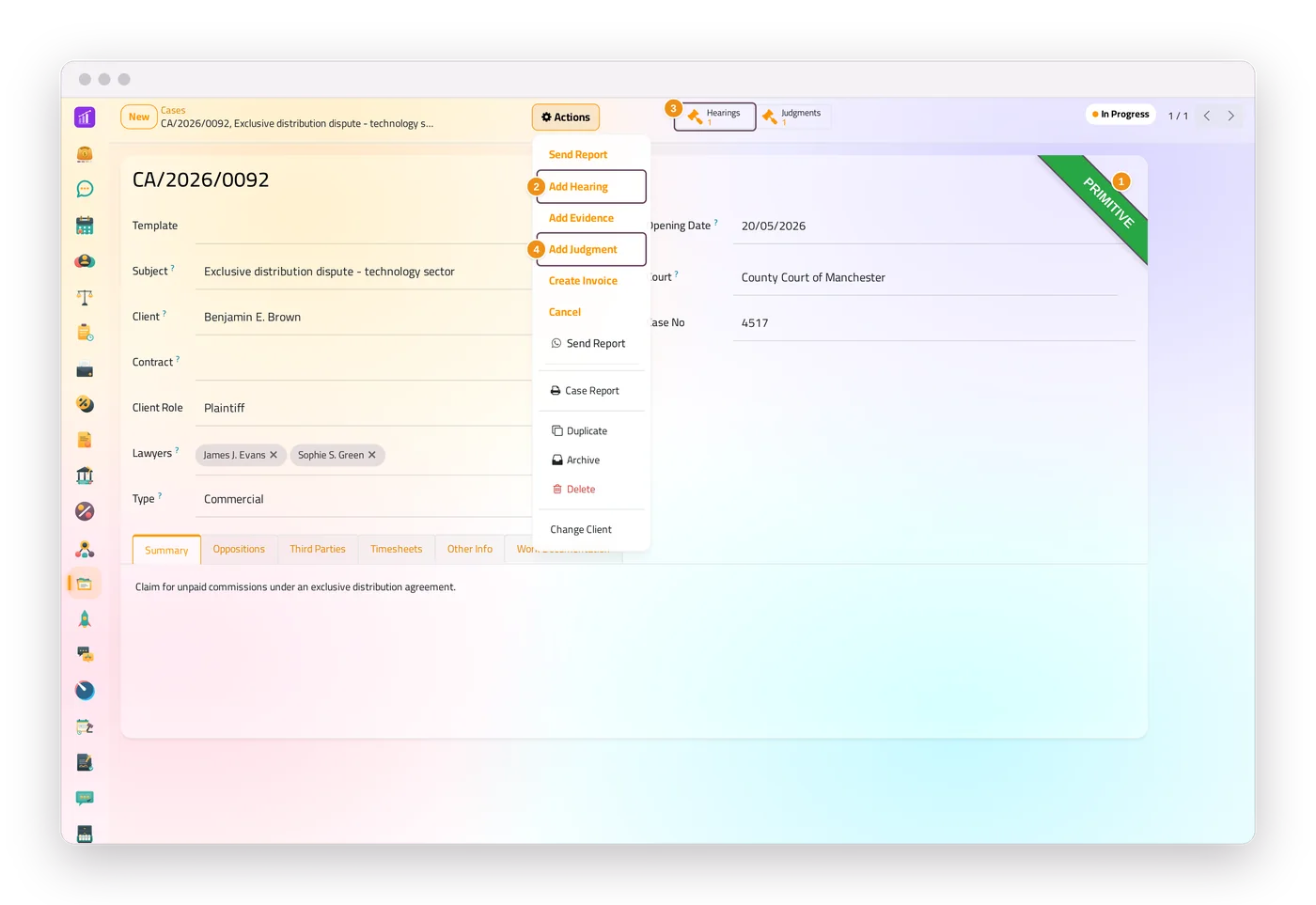 A case in progress in the Cases app of jaah law, with its stage ribbon and the buttons for its next steps