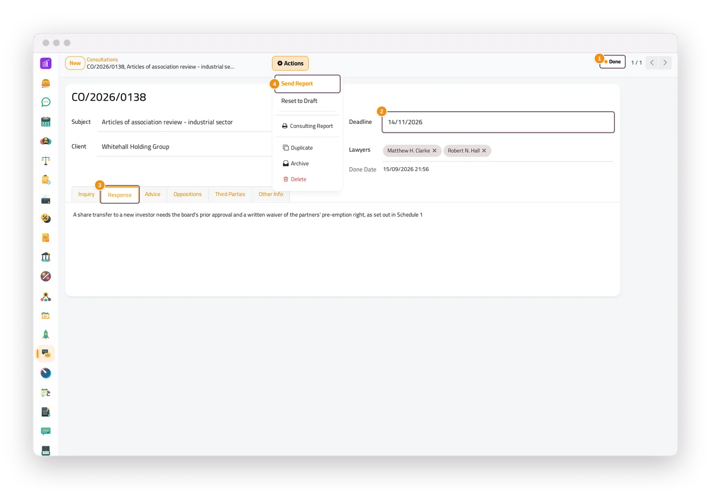 A consultation in jaah law, with its status, deadline, Response tab and the Send Report action