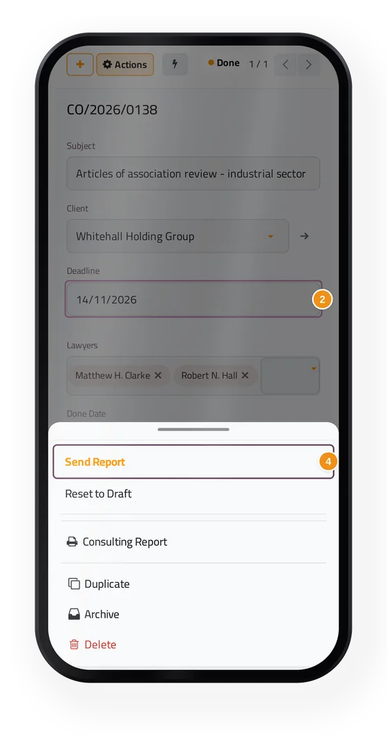 A consultation in jaah law on a phone, with its deadline and the Send Report action