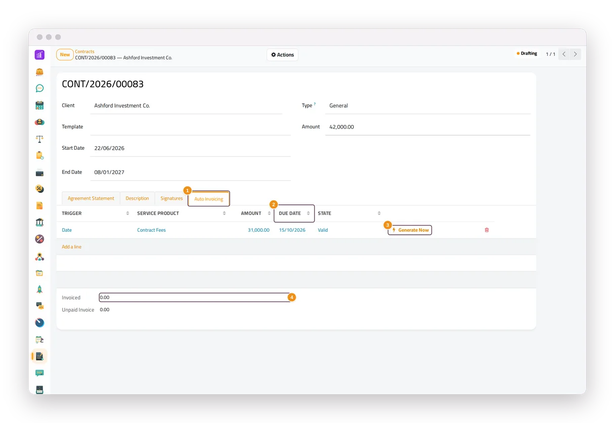 The Auto Invoicing tab of a contract in jaah law, with an instalment, its due date and the Generate Now button