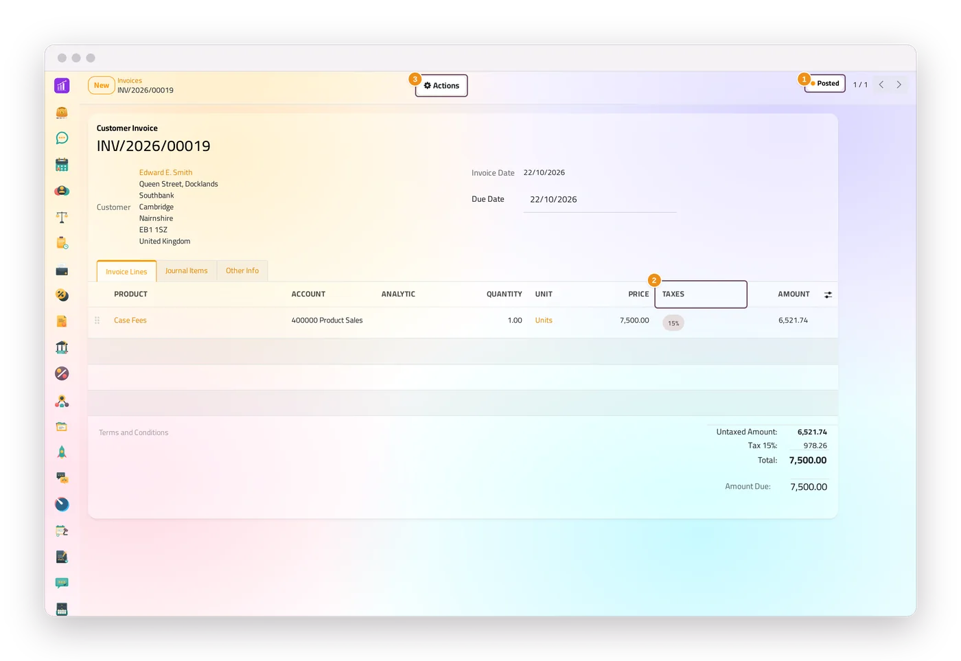 A confirmed customer invoice in the accounting app of jaah law, with its status, taxes and the Actions menu