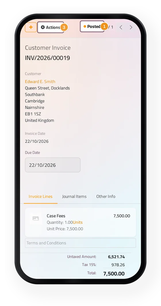 A confirmed customer invoice in jaah law on a phone, with its status and the Actions menu