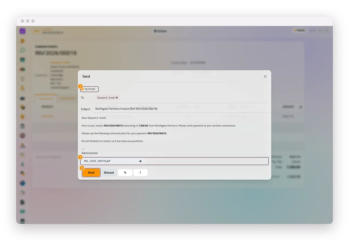 The Send window of a confirmed invoice in jaah law