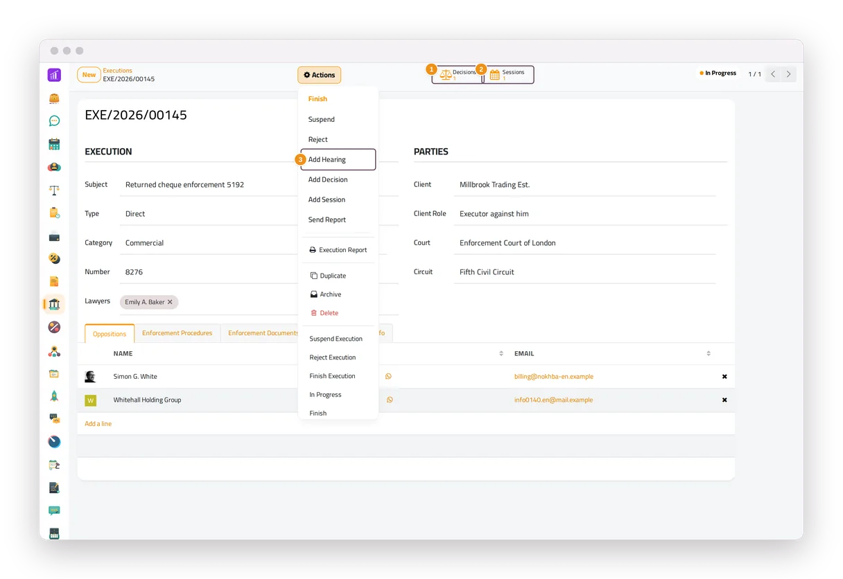 An enforcement file in jaah law, with its Decisions and Sessions buttons and the Add Hearing action