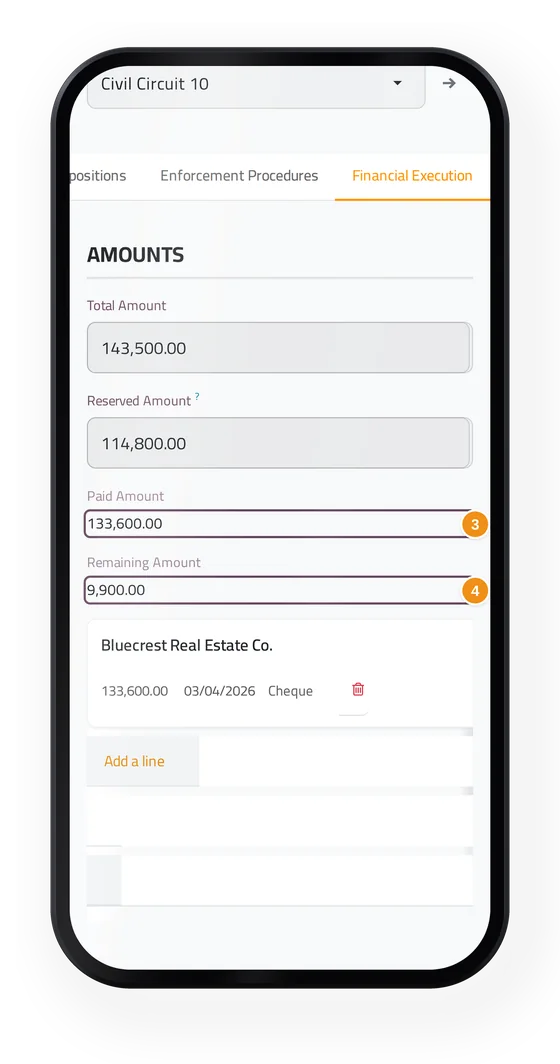 A financial enforcement file in jaah law on a phone, with its paid and remaining amounts