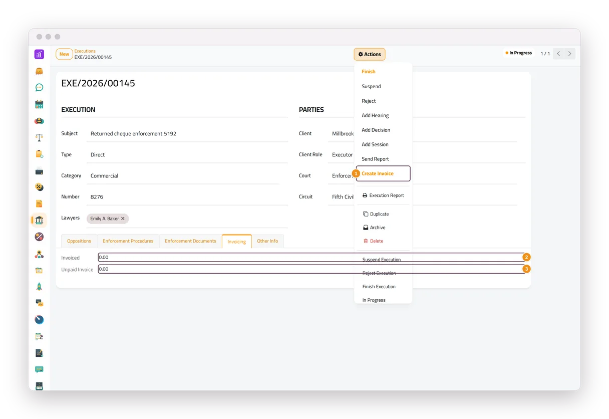 The Create Invoice action of an enforcement file in jaah law, with its Invoiced and Unpaid Invoice amounts