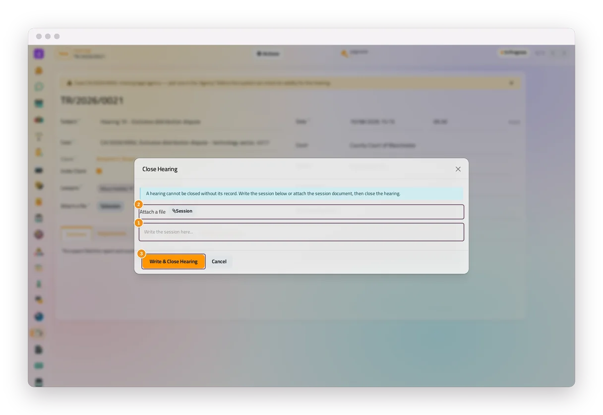 The Close Hearing window in the Hearings app of jaah law, asking for the session or a session PDF