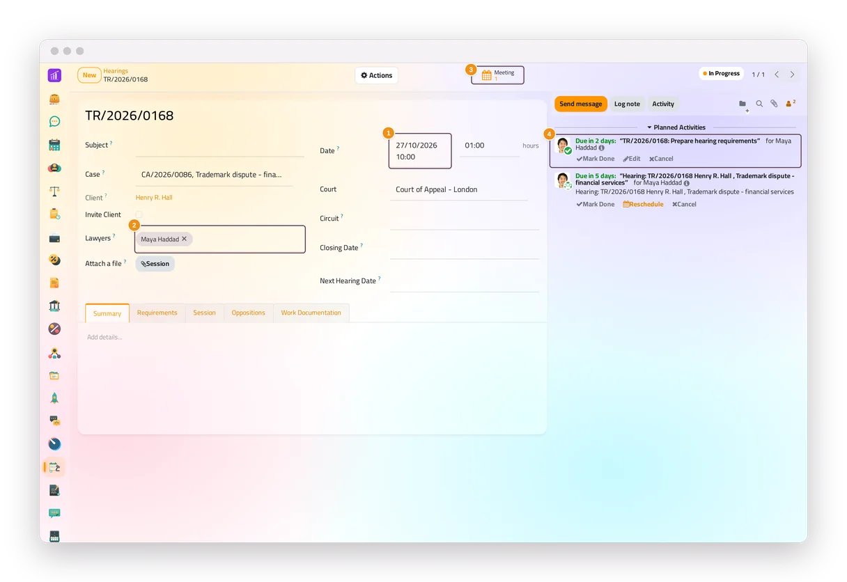 An upcoming hearing in the Hearings app of jaah law, with its lawyers and the to-do to prepare it