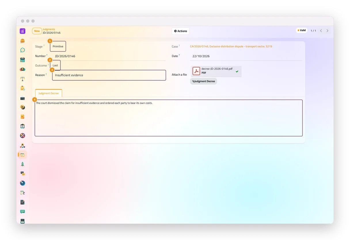 A lost judgment in the Cases app of jaah law, with its stage, outcome, reason, decree text and decree PDF