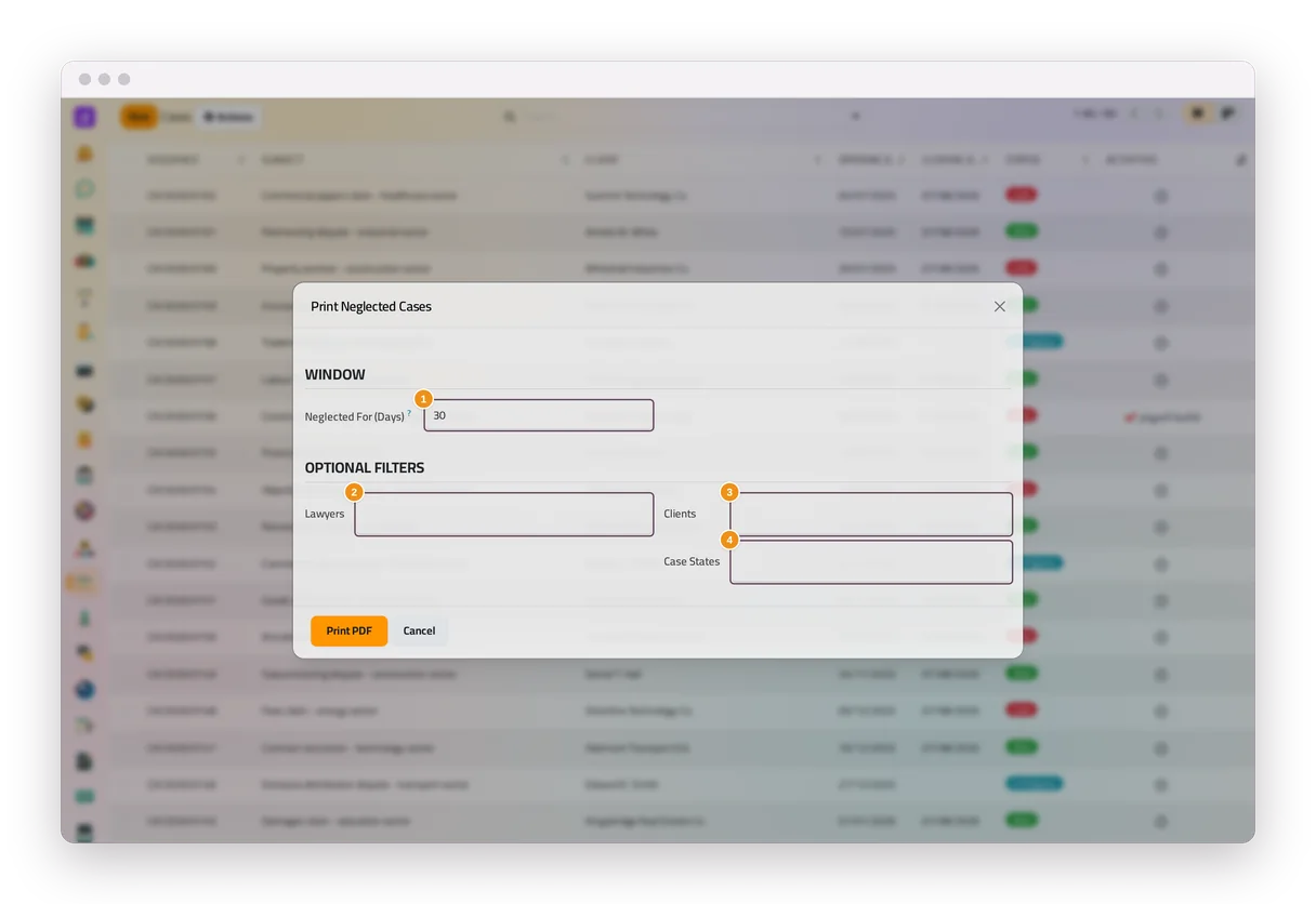The Neglected Cases window in the Cases app of jaah law, with its days, lawyers, clients and case states