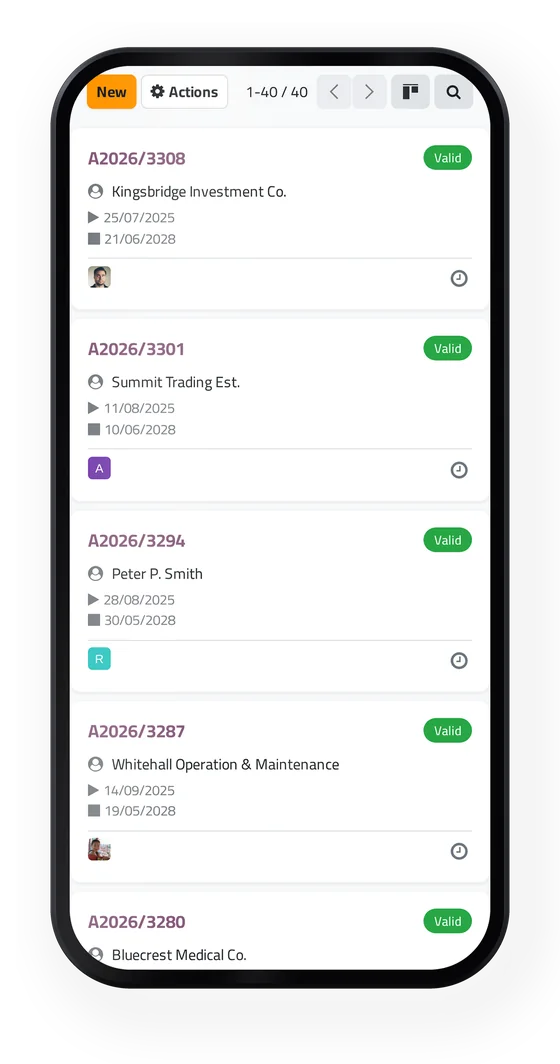 The powers of attorney board of jaah law on a phone, each card with its Valid badge