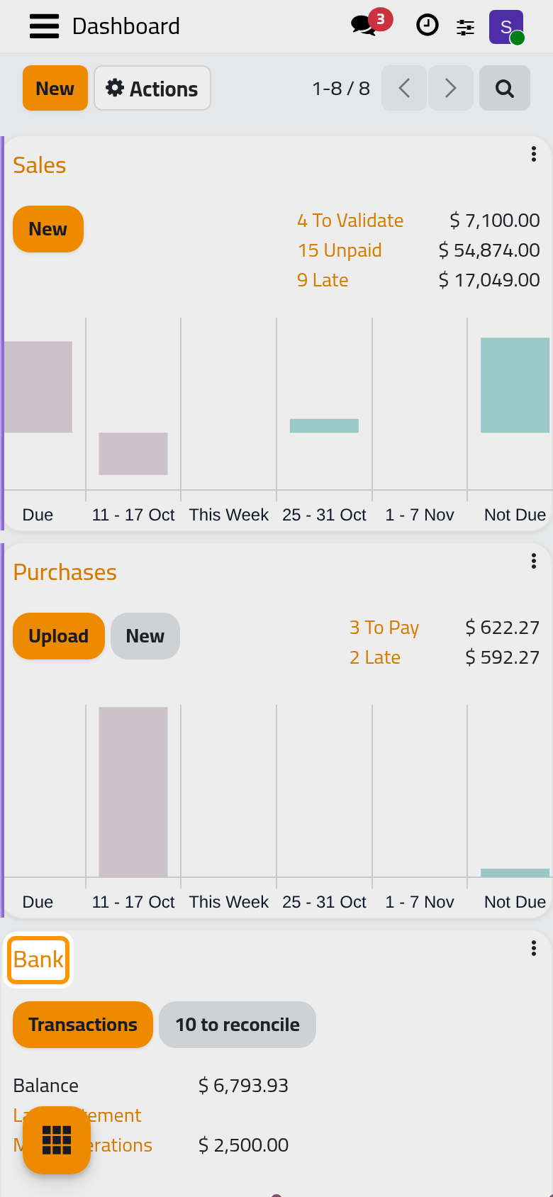 The Bank card and the Petty Cash card on the Accounting dashboard.