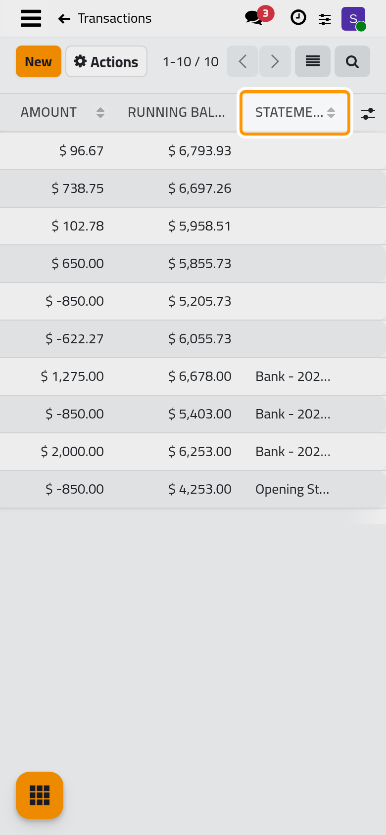 The transactions of the bank, with their running balance and the statement each one belongs to.