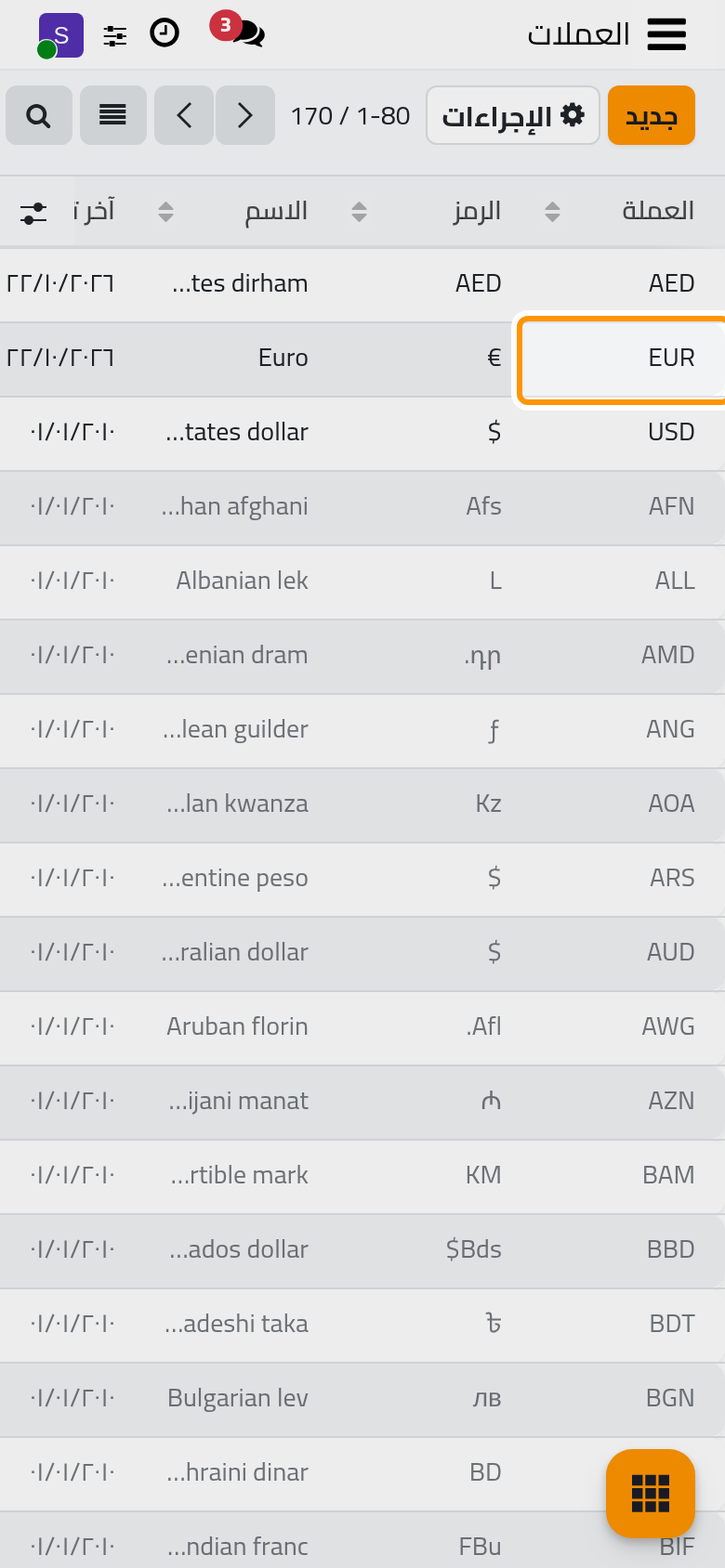 العملات النشطة أولا، ولكل منها تاريخ آخر سعر صرف وقيمته.