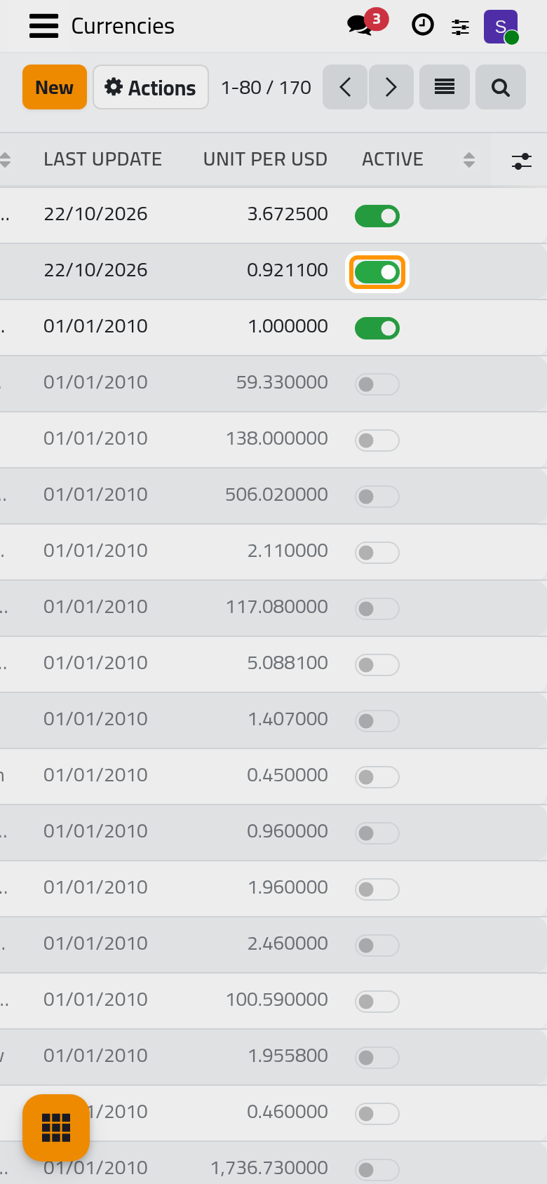 The currencies list; the switch at the end of a row activates the currency.