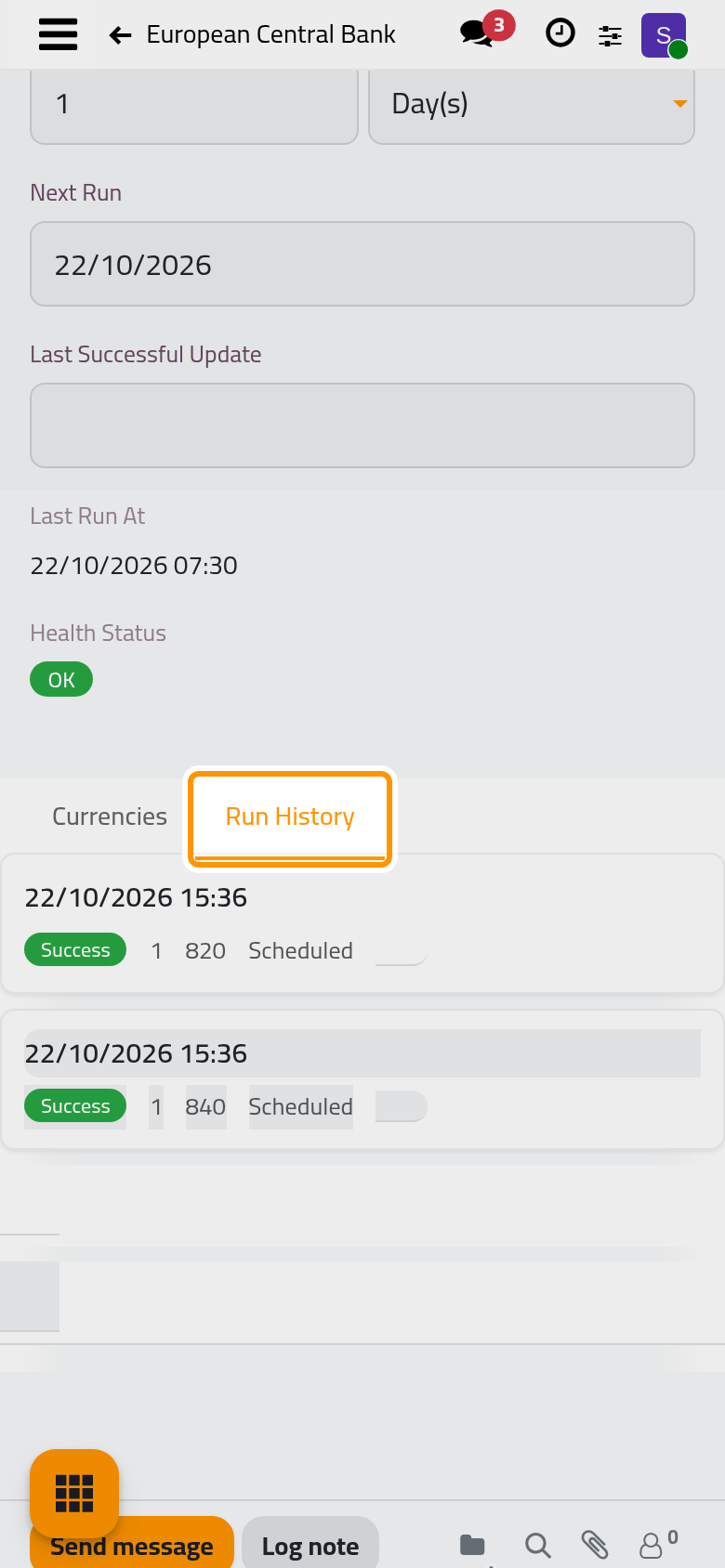 Every run of the provider, with its result, the rates written and what started it.