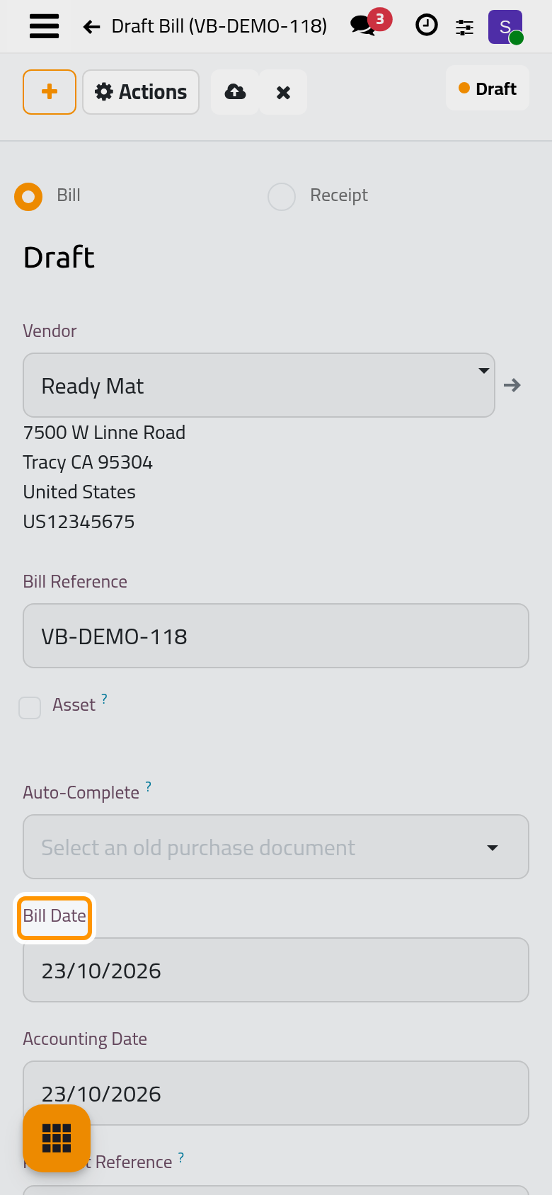 The bill date; the vendor's payment terms set when it falls due.