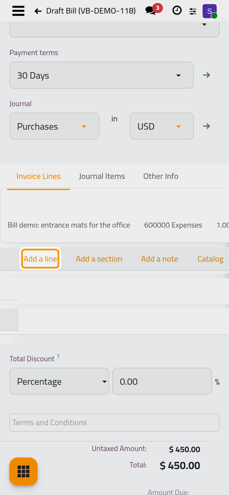 One line with its label and price; Add a line adds the next one.
