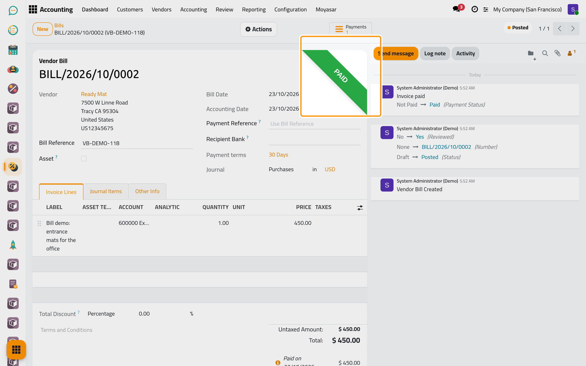 The bill is paid; the Payments button opens the payment.
