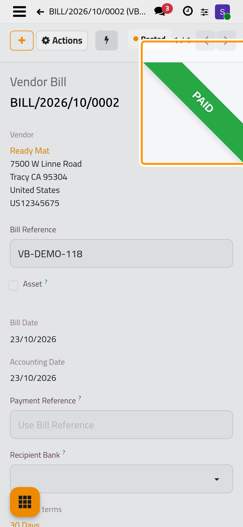 The bill is paid; the Payments button opens the payment.
