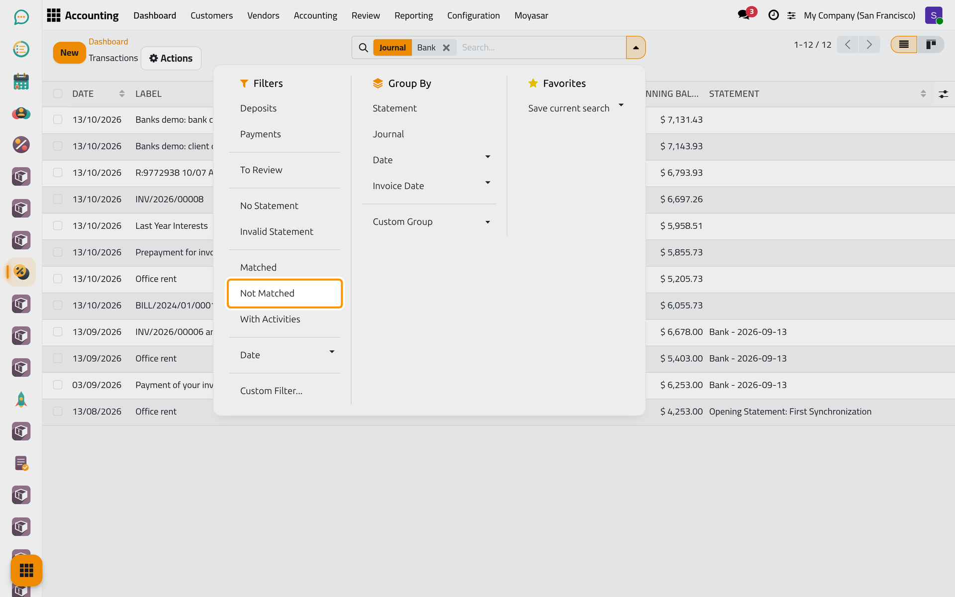The filters of the list; Not Matched keeps the transactions that still wait for their match.