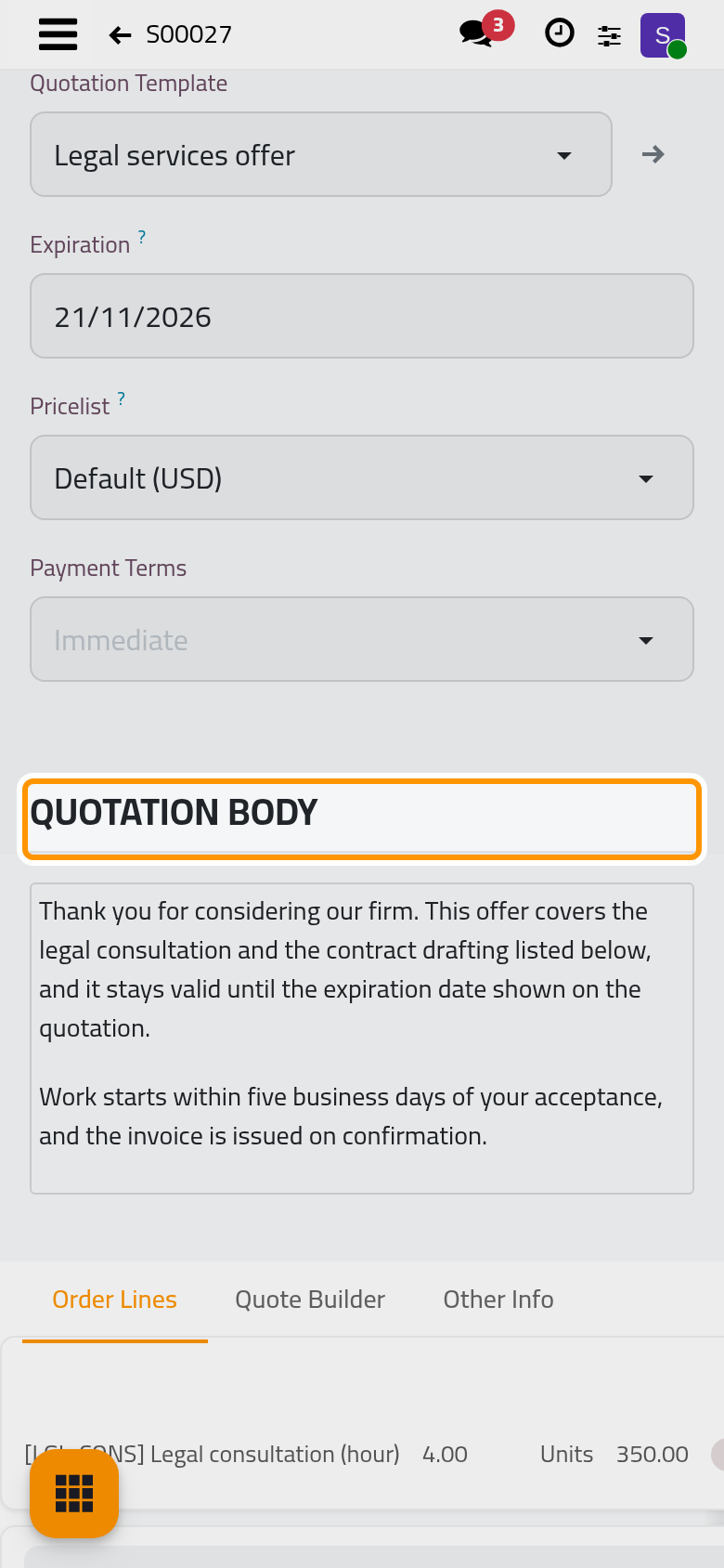 A quotation made from a template opens with the template's text in its Quotation Body.