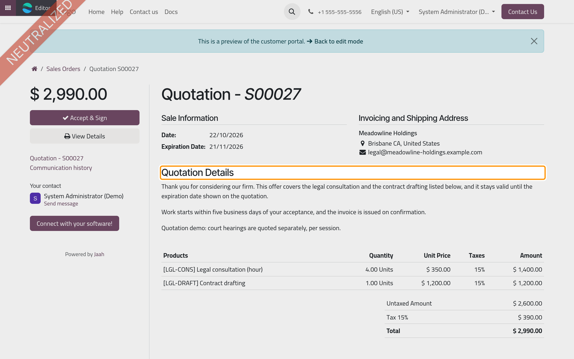 The client reads the body under Quotation Details, above the prices.