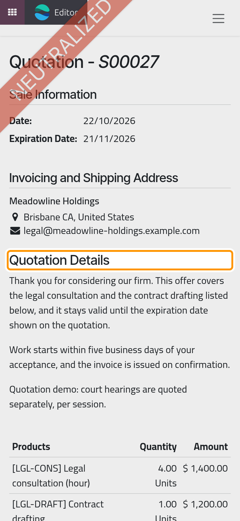 The client reads the body under Quotation Details, above the prices.