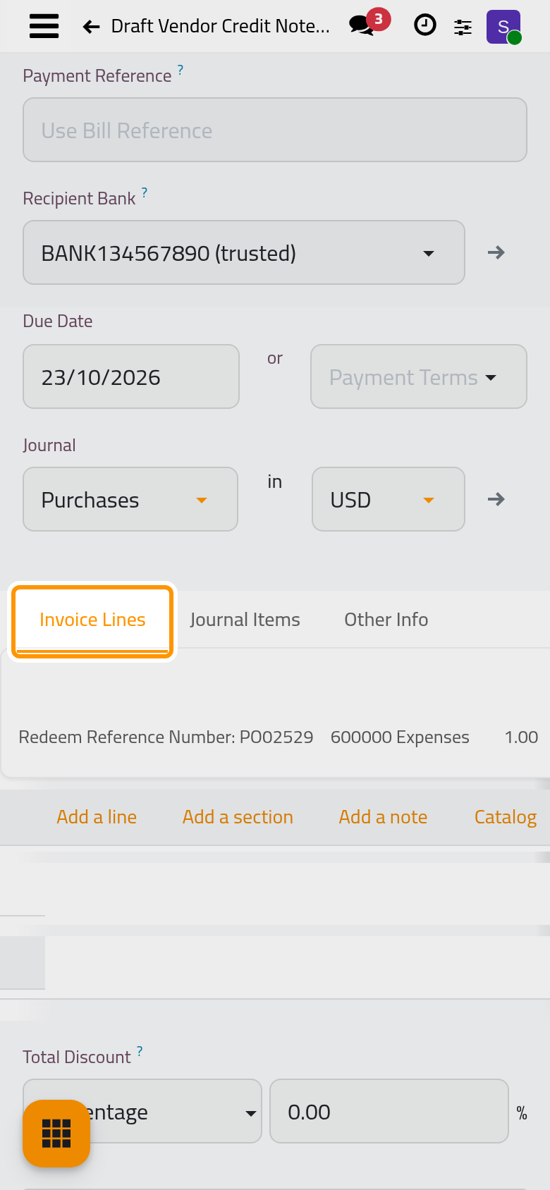 The draft refund copies the lines of the bill; change them for a partial refund.