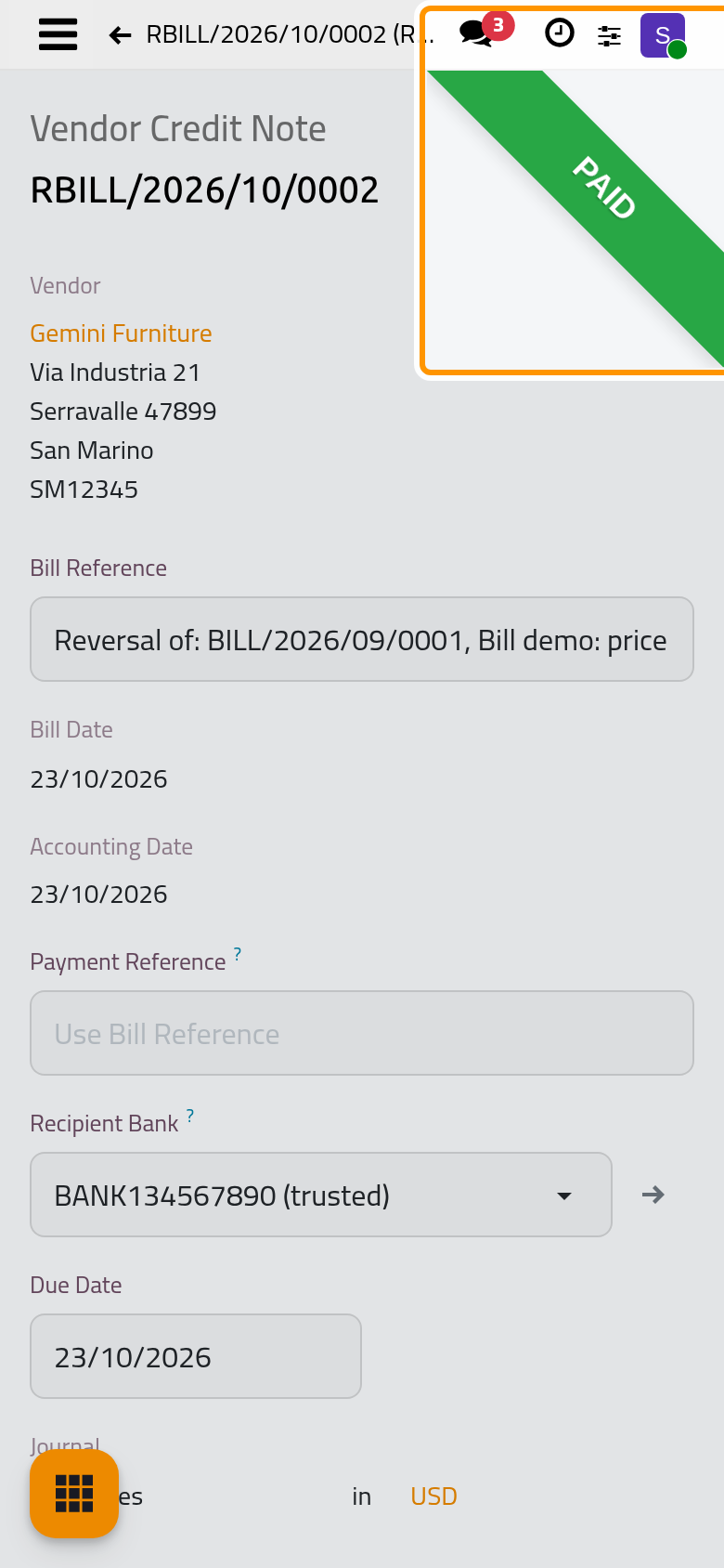Confirmed, the refund settles the bill it came from at once.