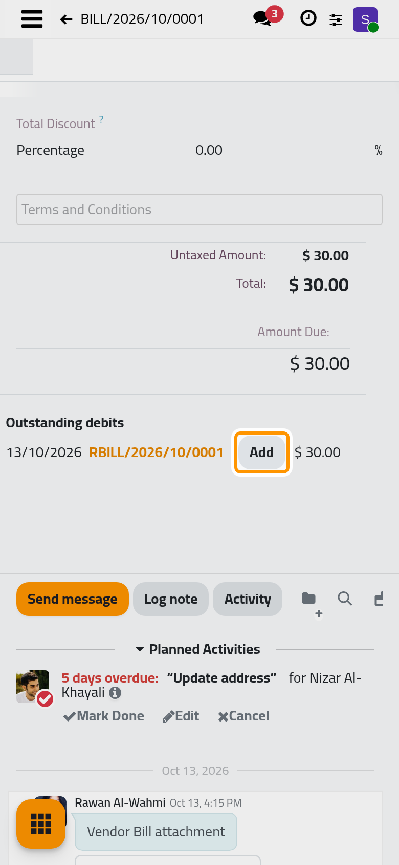 An open refund of the same vendor waits under the totals of the bill.