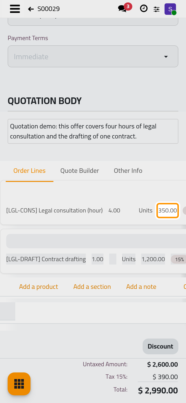 The saved quotation; each price comes from the service.
