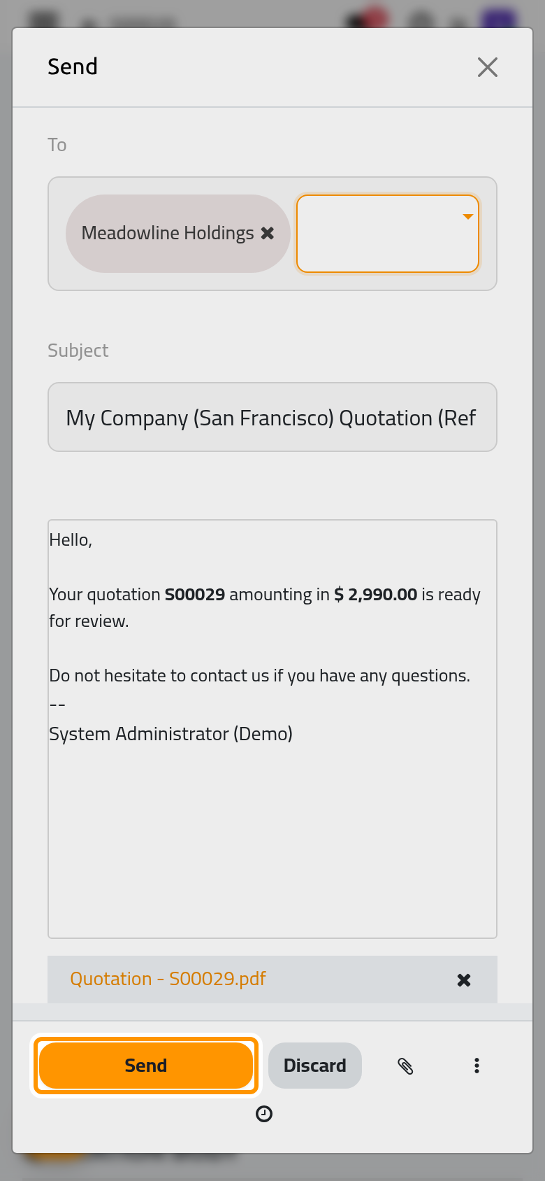 The message to the client, with the quotation attached as a PDF.