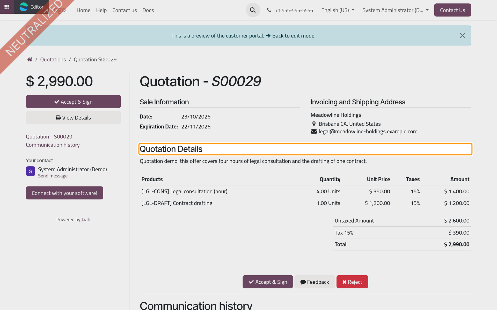 What the client sees online, with the opening text above the prices.