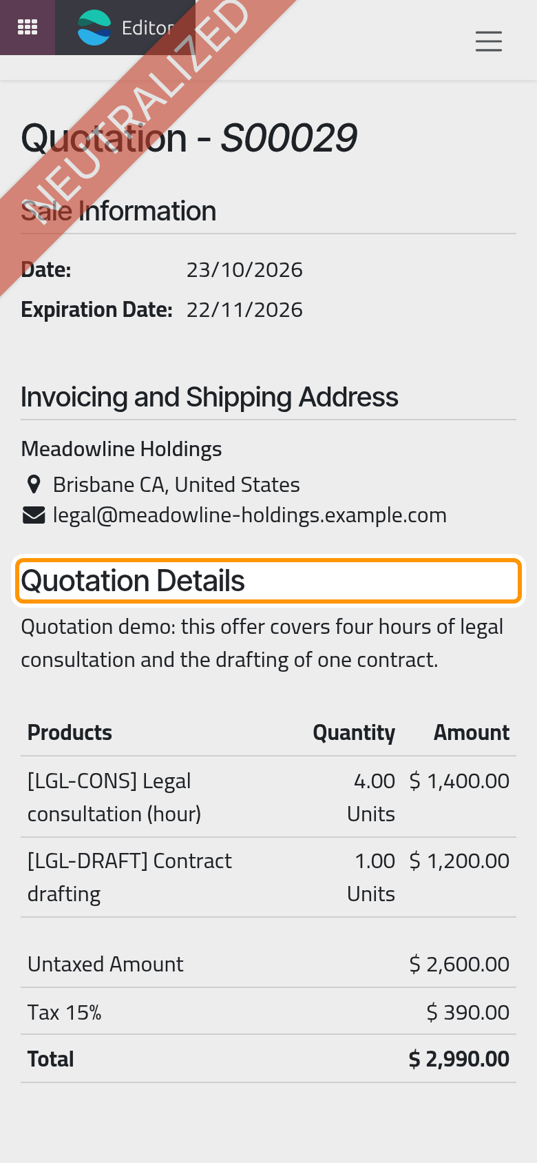 What the client sees online, with the opening text above the prices.