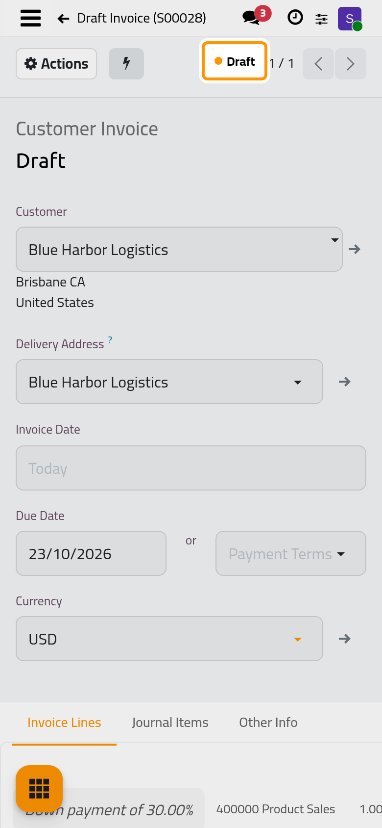 The draft invoice of the down payment.