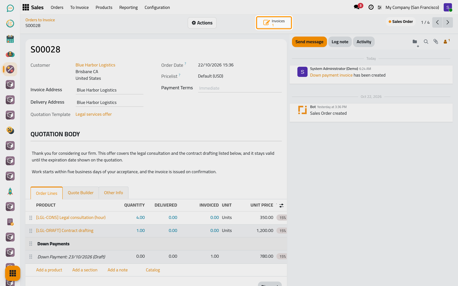 Back on the order, the Invoices button counts its invoices.