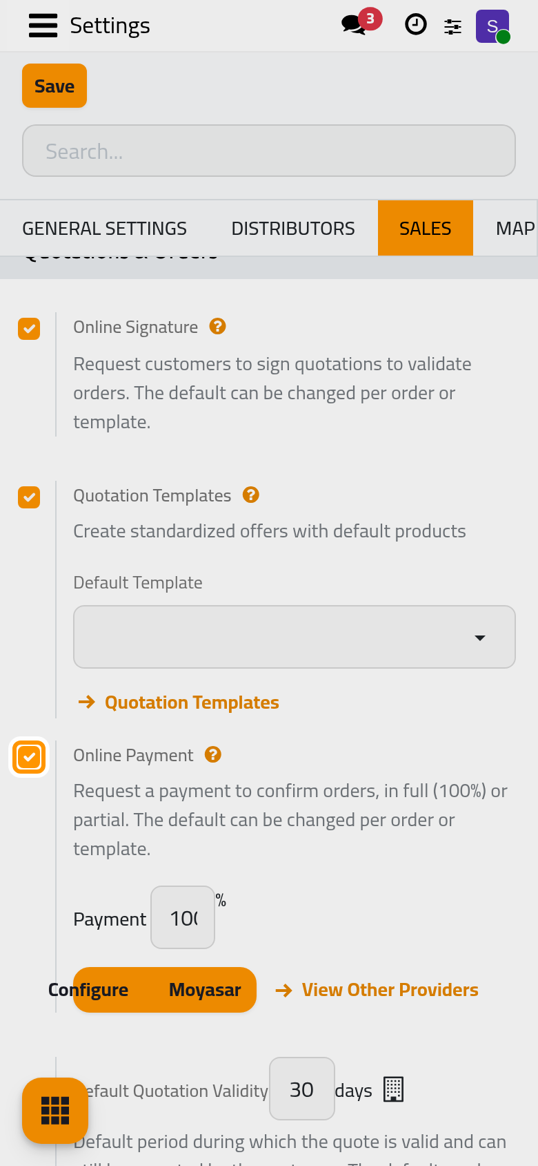 The Quotations & Orders group, from Online Signature to the pro-forma invoice.
