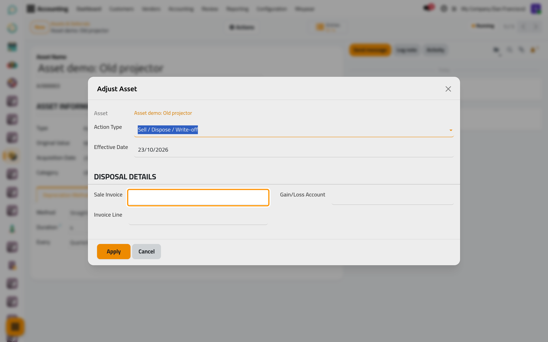 Disposal Details takes the sale invoice when the asset is sold, and the account of the gain or loss.