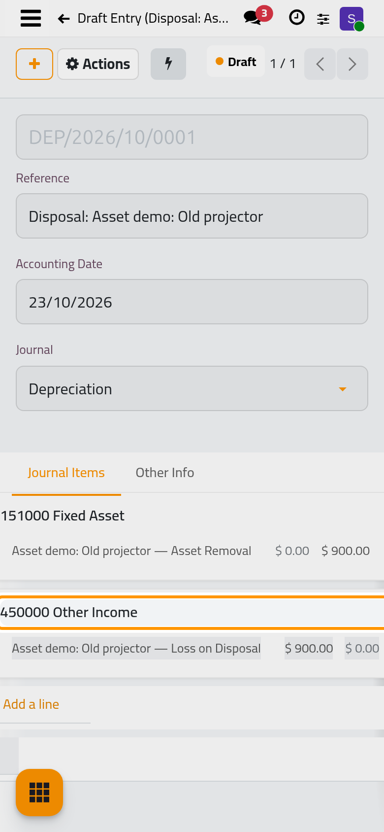The closing entry, still a draft, removes the asset and records the loss.