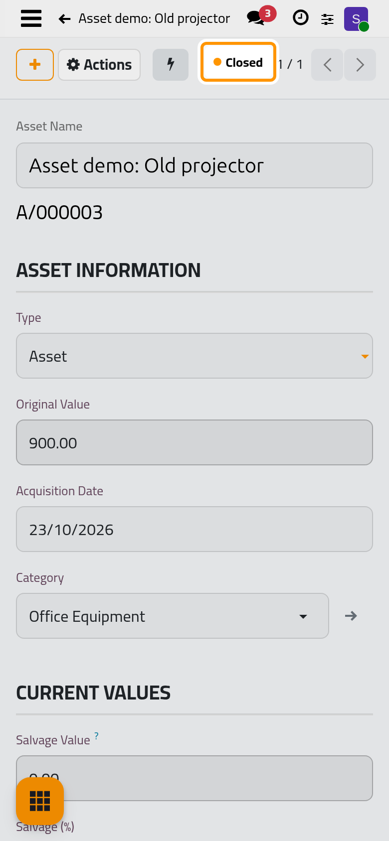 The asset is closed; nothing more is depreciated.