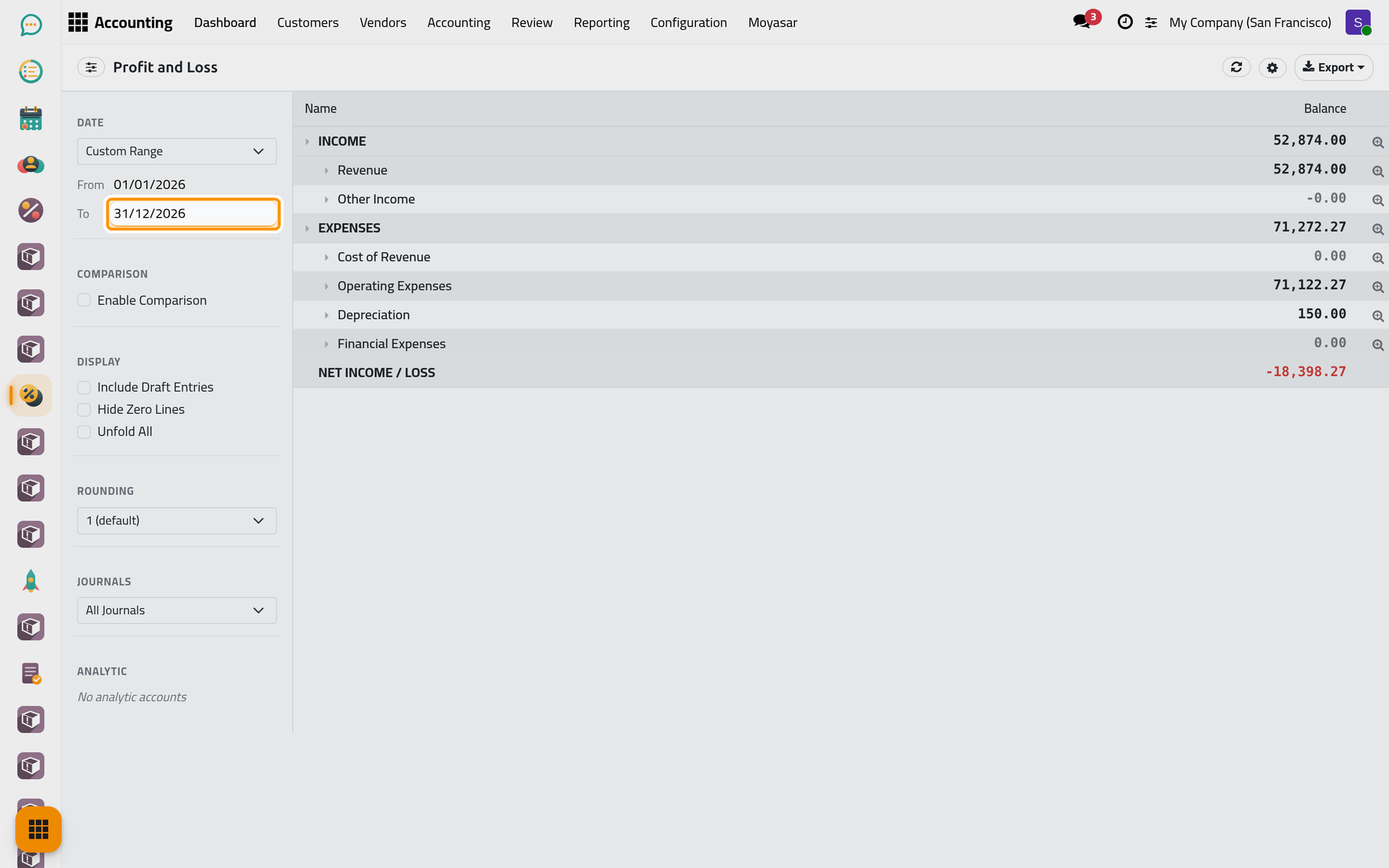 A custom range from the first to the last day of 2026 in the Date section.