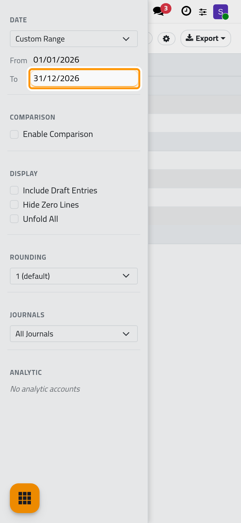 A custom range from the first to the last day of 2026 in the Date section.