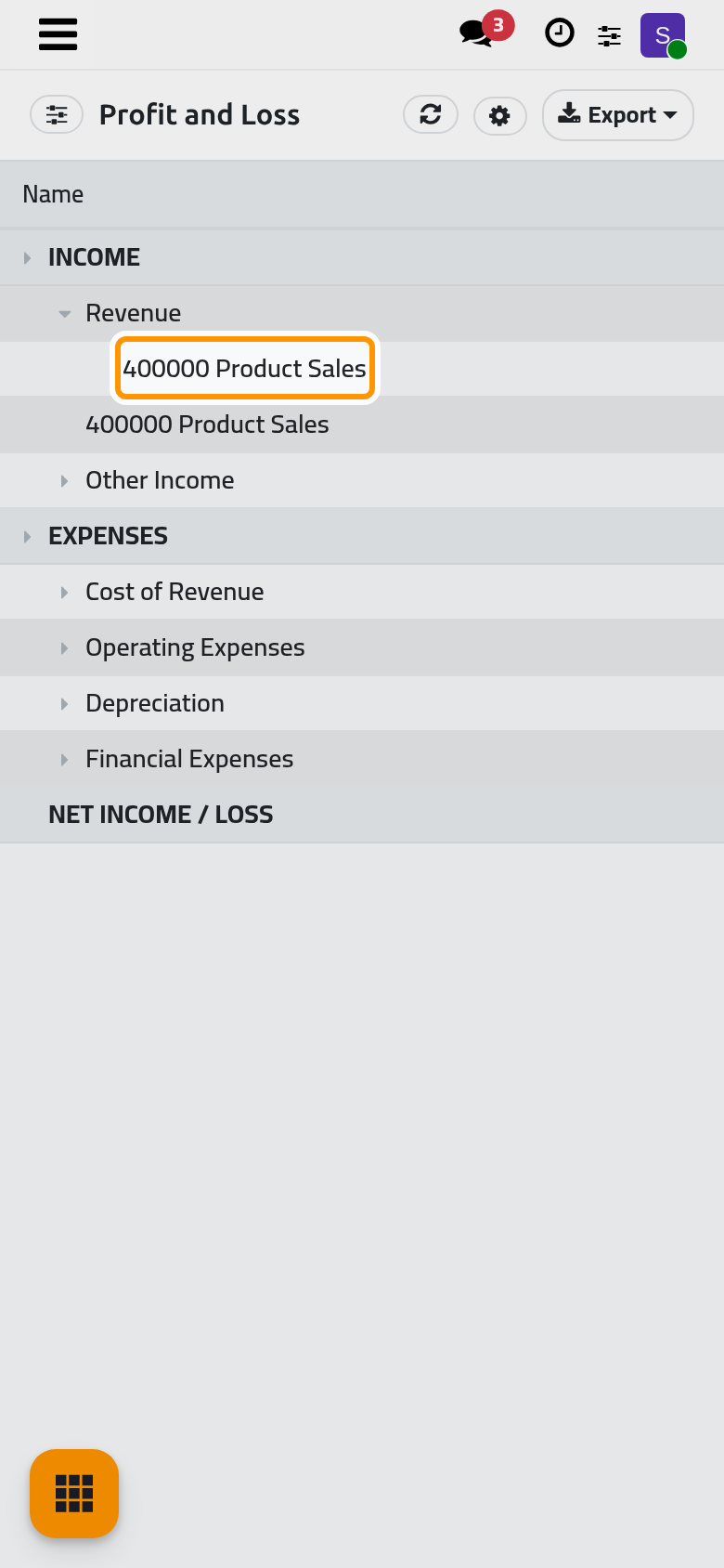 The Revenue line unfolded down to the income account behind it.
